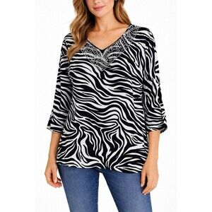 Alfred Dunner Women's Zebra Print Beaded Sequin Neckline Top Size XL Black/Wht